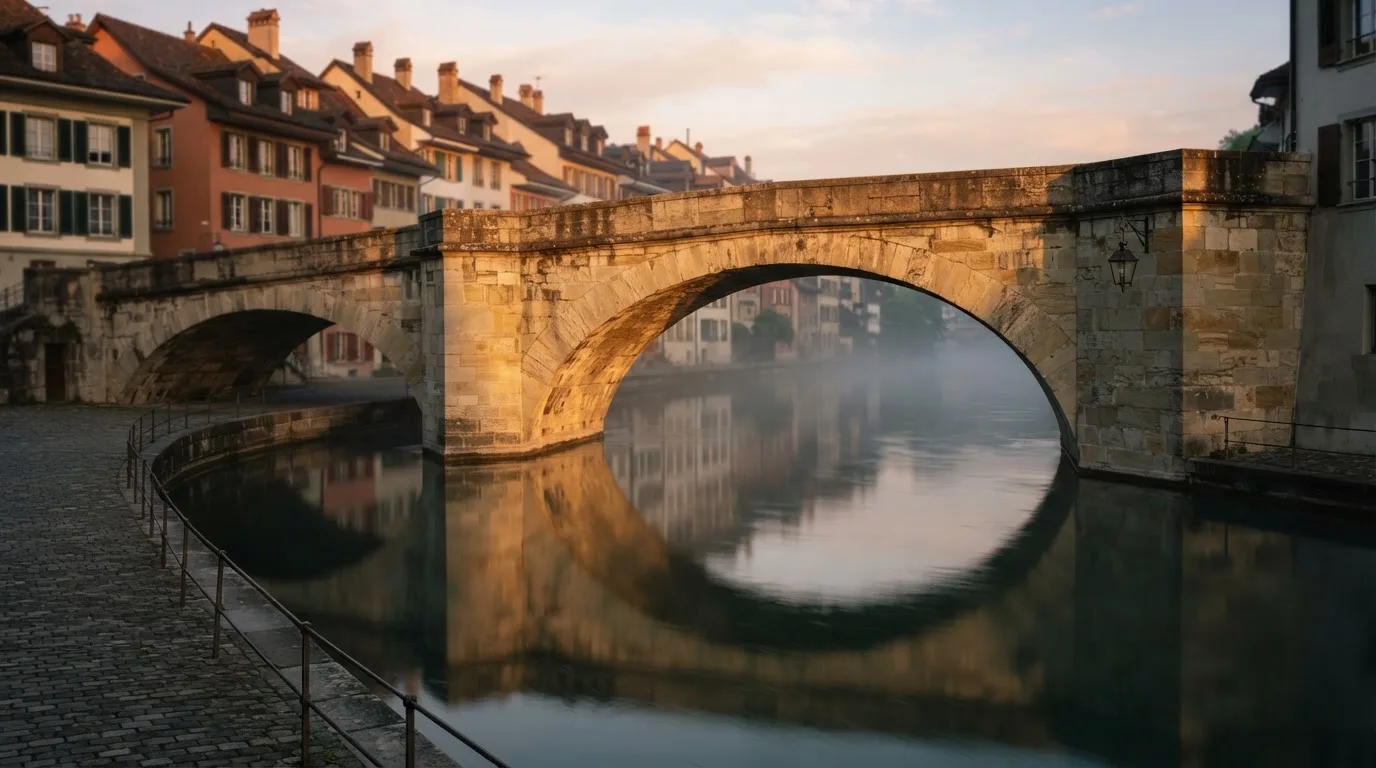 Ein steinerner Brückenbogen über einem Fluss in einer Schweizer Altstadt im ersten Morgenlicht.