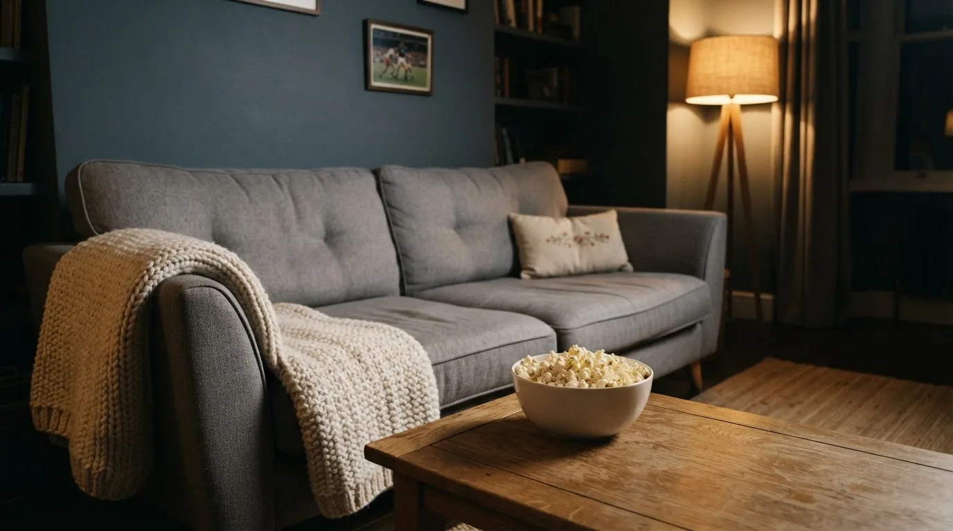 Ein Sofa mit Wolldecke und eine Schale Popcorn auf dem Couchtisch in einem Wohnzimmer bei Lampenlicht am späten Abend.