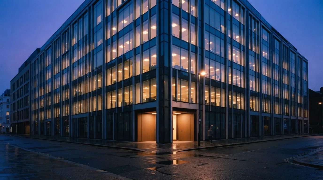 Ein Bürogebäude aus Glas in der Dämmerung mit beleuchteten Fenstern, gesehen von einer Strassenecke.