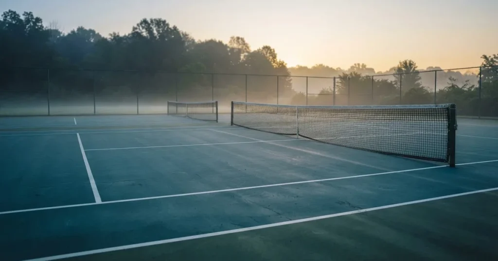 Ein leerer Tennisplatz im Morgengrauen, der Netzschatten fällt lang über den Platz, über der Grundlinie liegt leichter Nebel.