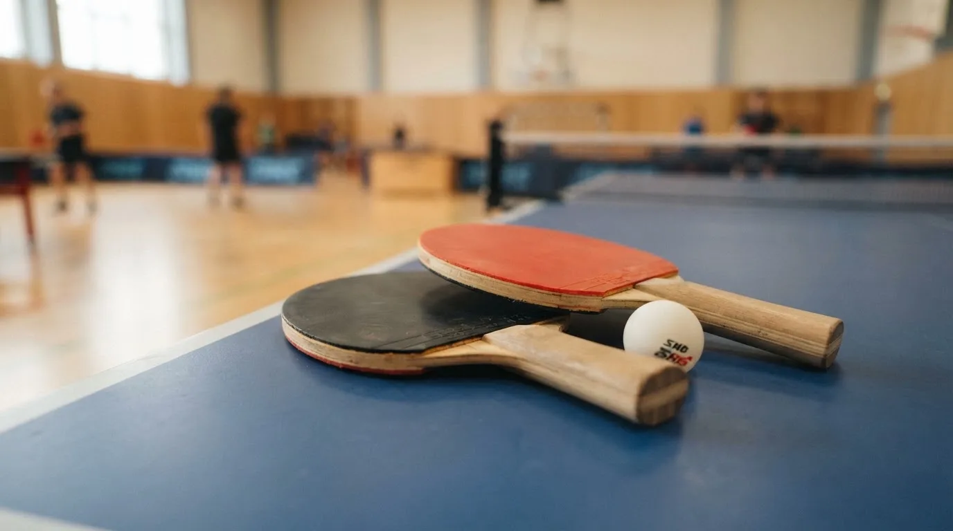 Zwei Tischtennisschläger liegen gekreuzt am Rand einer Platte, daneben ein kleiner weisser Ball.