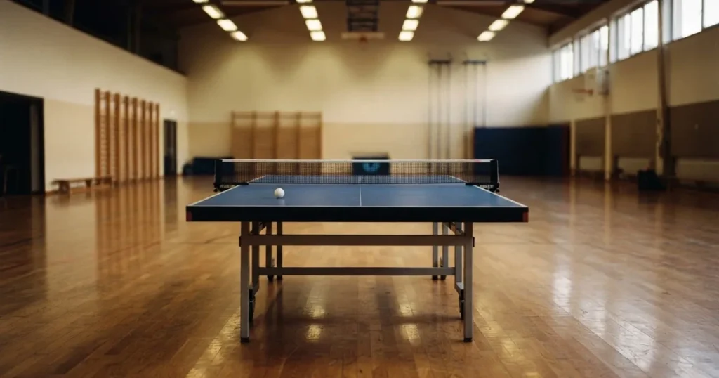 Eine Tischtennisplatte mit Netz in einer leeren Sporthalle, ein heller Ball liegt auf einer Seite, Deckenlicht spiegelt sich im Hallenboden.