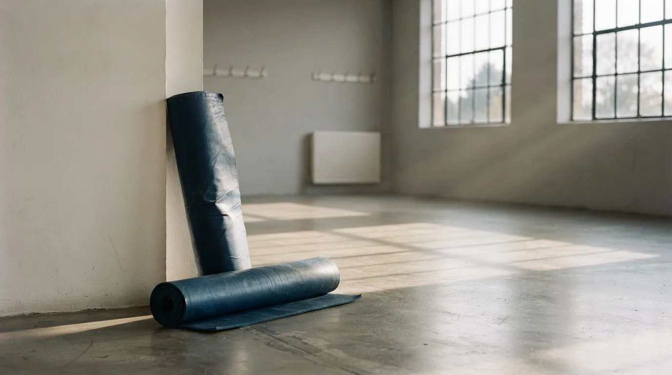 Eine zusammengerollte Trainingsmatte in der Ecke eines leeren Fitnessraums, durch hohe Fenster fällt Morgenlicht.