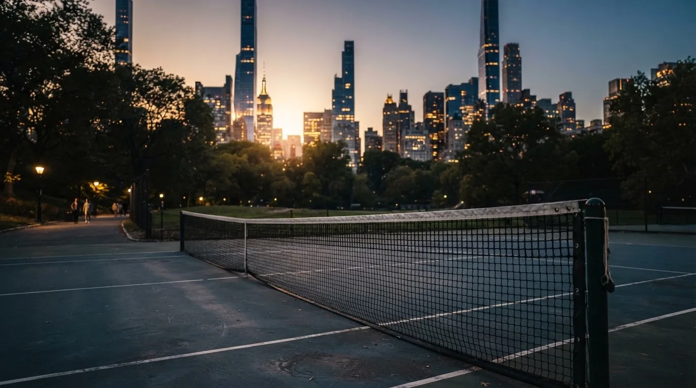 Die Hochhäuser einer Grossstadt in der Dämmerung, gesehen von einem Park, im Vordergrund ein gespanntes Tennisnetz.