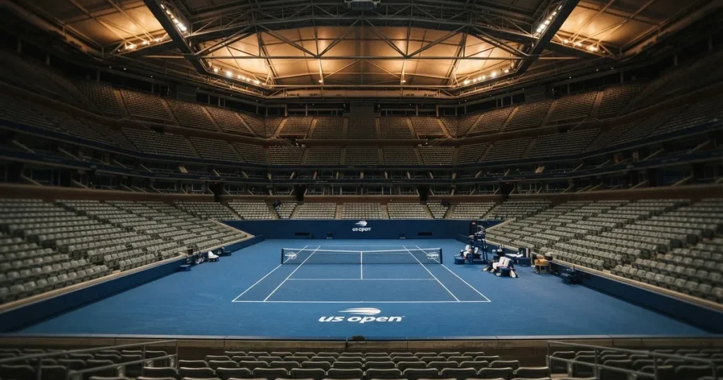 Ein hohes Tennisstadion mit geschlossenem Dach, von innen beleuchtet, leere Sitzreihen umschliessen den blauen Hartplatz.
