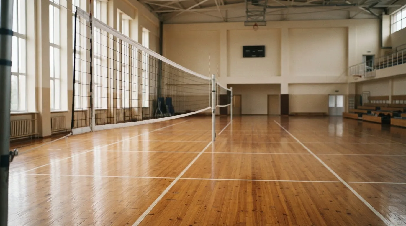 Eine Sporthalle mit gespanntem Volleyballnetz über poliertem Holzboden, hohe Fenster lassen Tageslicht herein.