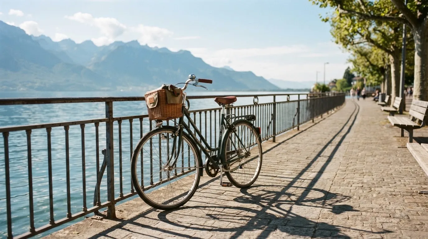 Ein Fahrrad lehnt an einem Geländer einer Uferpromenade an einem See im Sonnenlicht.