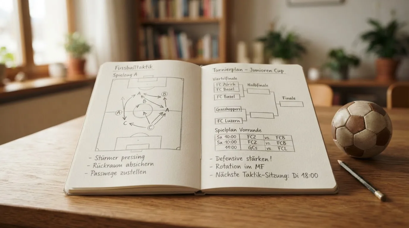 Ein aufgeschlagenes Notizbuch mit Bleistiftskizzen und ein kleiner Fussball liegen auf einem Holztisch im Tageslicht.