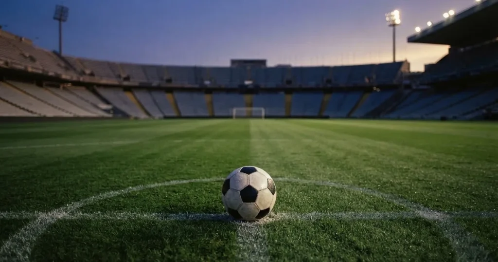 Ein Fussball liegt auf dem Anstosspunkt eines leeren Rasenplatzes, dahinter ragen die Ränge eines grossen Stadions in der Abenddämmerung auf.
