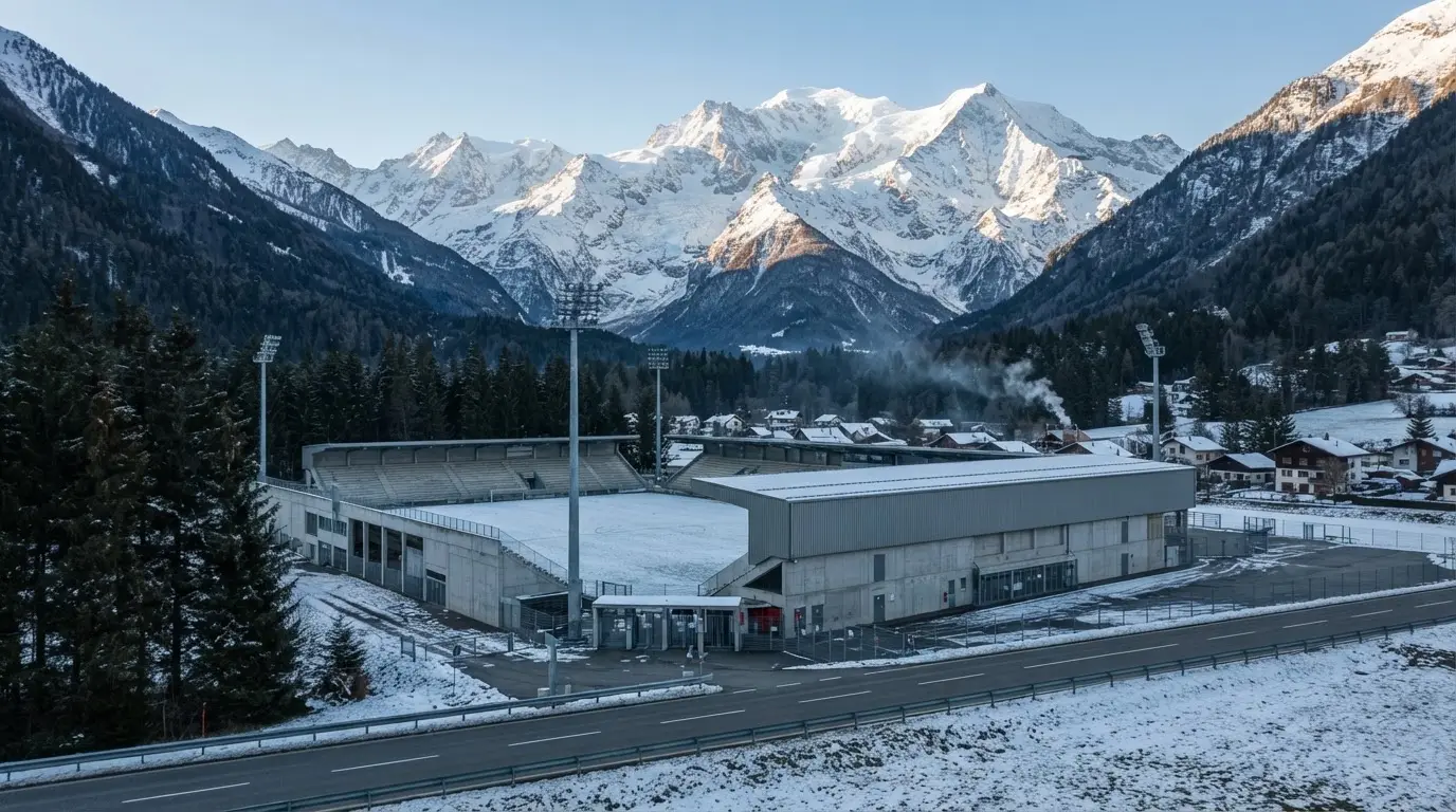 Schneebedeckte Berge erheben sich hinter einem Fussballstadion in einem Schweizer Tal, davor liegt eine leere Strasse im Morgenlicht.