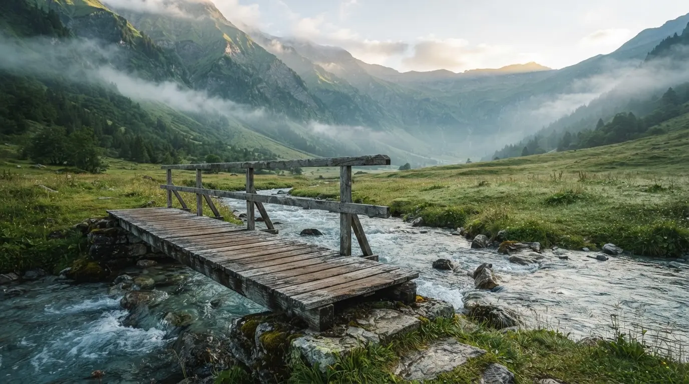 Ein Holzsteg führt über einen klaren Bergbach, im Hintergrund Wiesen und steile Hänge im Morgenlicht.