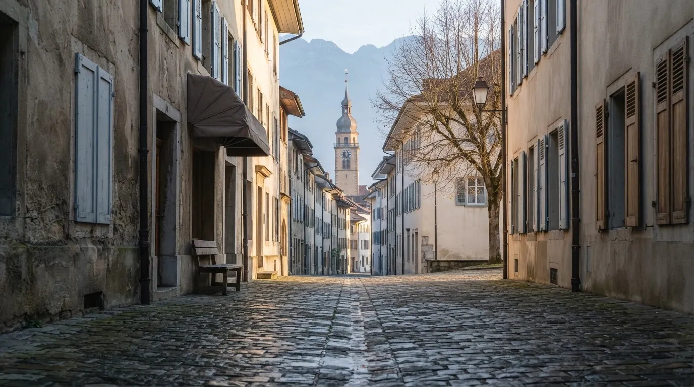 Eine ruhige Gasse in einer Schweizer Altstadt mit Kopfsteinpflaster am frühen Morgen, im Hintergrund ein Kirchturm und Berge im Dunst.