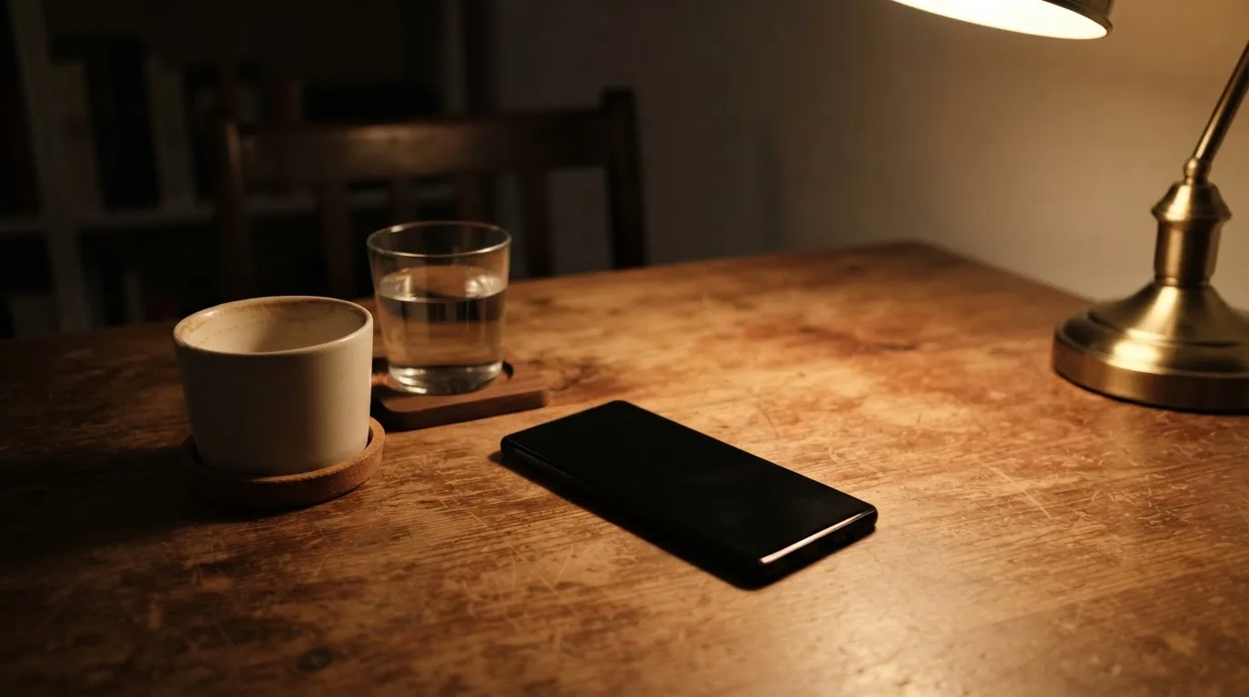 Ein Smartphone mit dunklem Display liegt neben einer Kaffeetasse und einem Glas Wasser auf einem Holztisch im Licht einer Lampe.