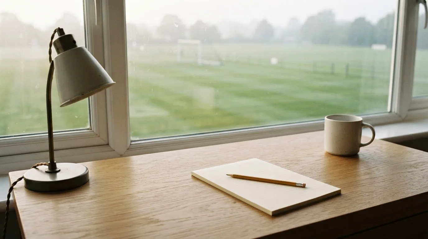 Ein Schreibtisch am Fenster mit Schreibtischlampe, Bleistift und leerem Block, draussen liegt ein Fussballplatz im Dunst.
