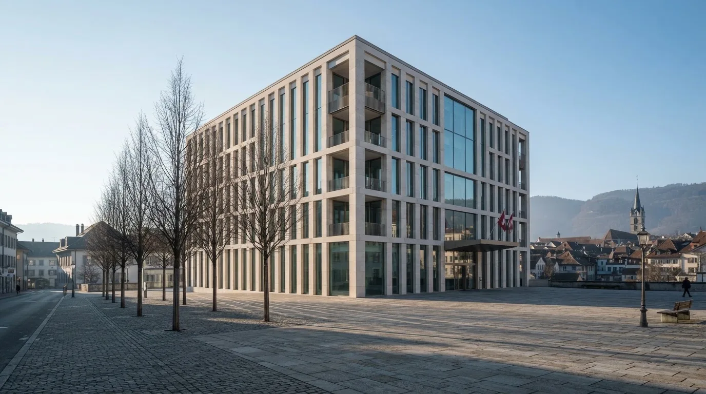 Ein Verwaltungsgebäude aus Glas und Stein steht an einem leeren Platz am frühen Morgen, davor eine Reihe kahler Bäume.