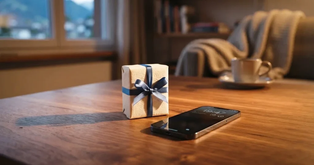 Ein kleines Geschenk mit Schleife steht auf einem Holztisch neben einem Smartphone mit dunklem Display im Seitenlicht.