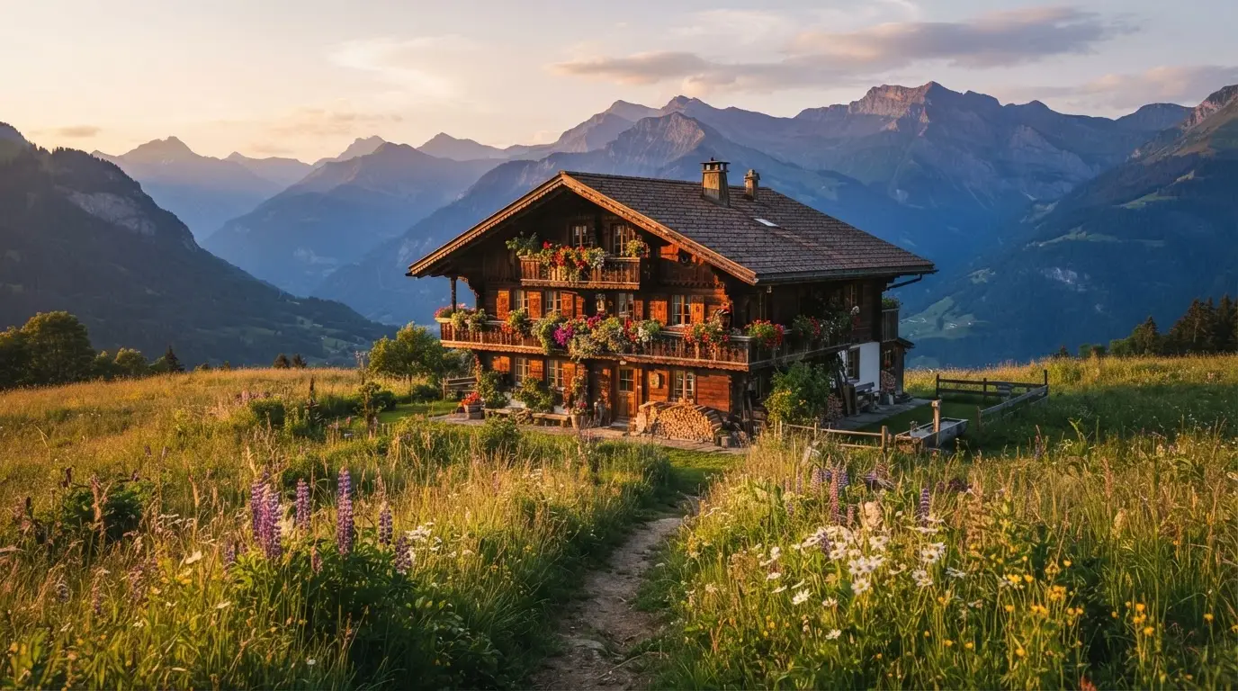 Ein Holzchalet mit Blumenkästen steht vor einer Bergkette im Abendlicht, davor führt ein leerer Feldweg durch eine Wiese.