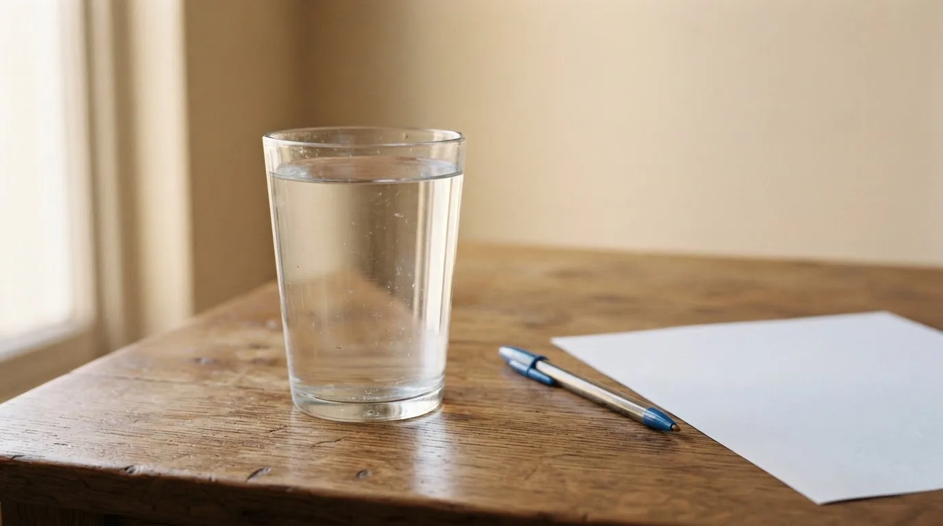 Ein Glas steht bis zum Rand gefüllt auf einem Holztisch, daneben ein Kugelschreiber und ein leeres Blatt Papier im Seitenlicht.