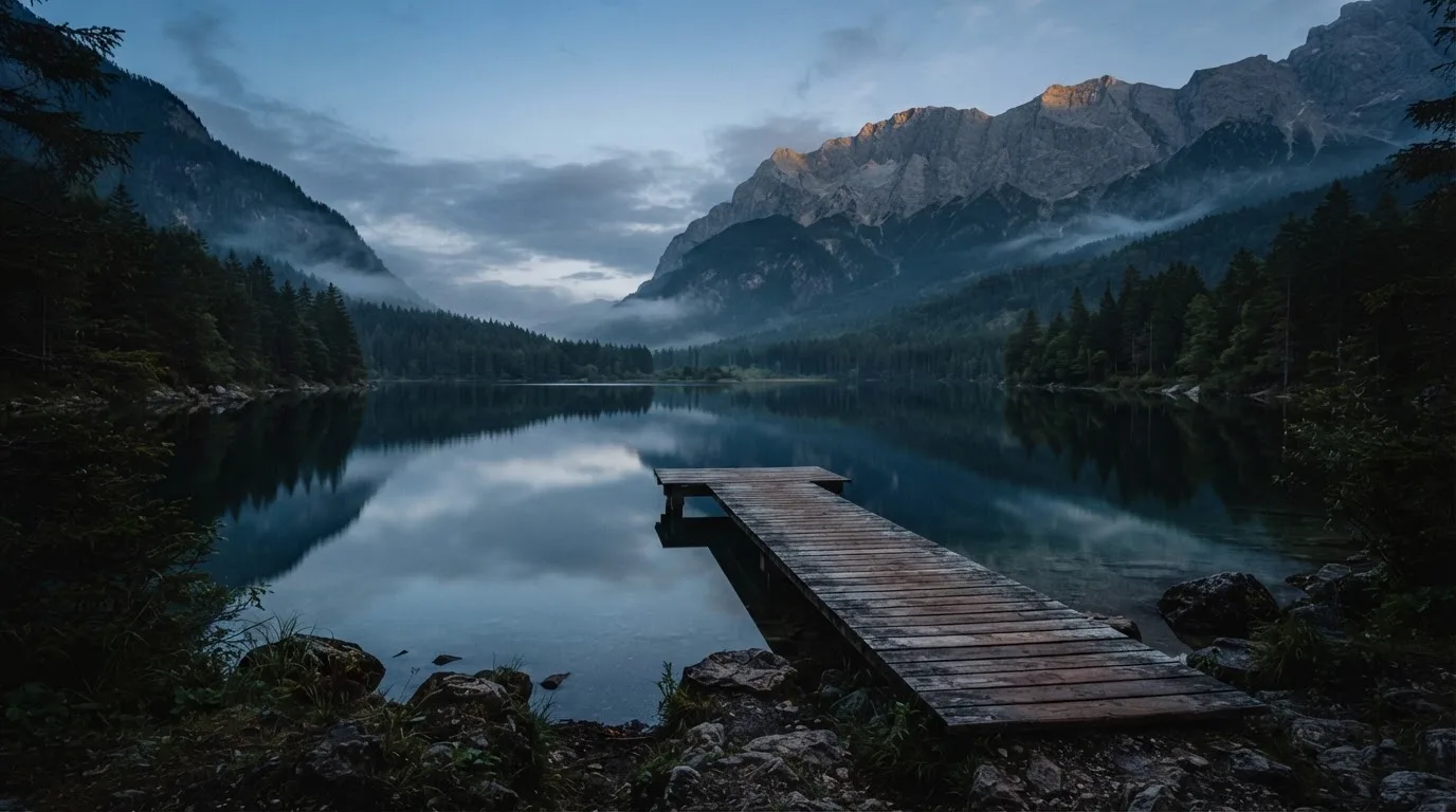Ein Bergsee in der Dämmerung mit einem leeren Holzsteg, die Wasseroberfläche ist ruhig und Nebel zieht über die Hänge.