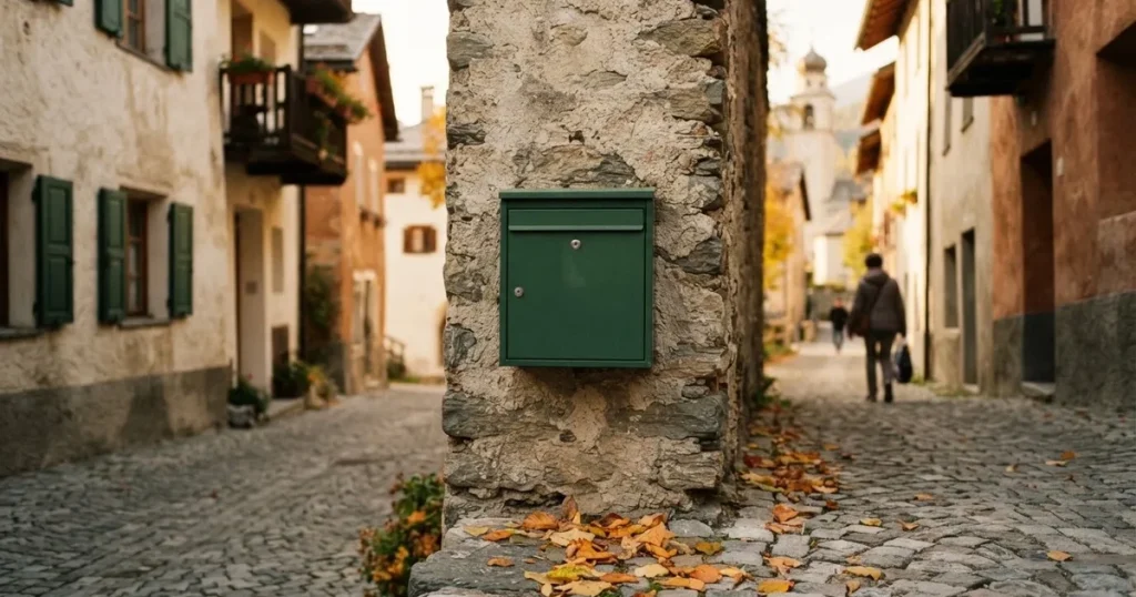 Ein Briefkasten aus Metall hängt an einer Steinmauer in einer Schweizer Gasse, Herbstlaub liegt auf dem Pflaster.