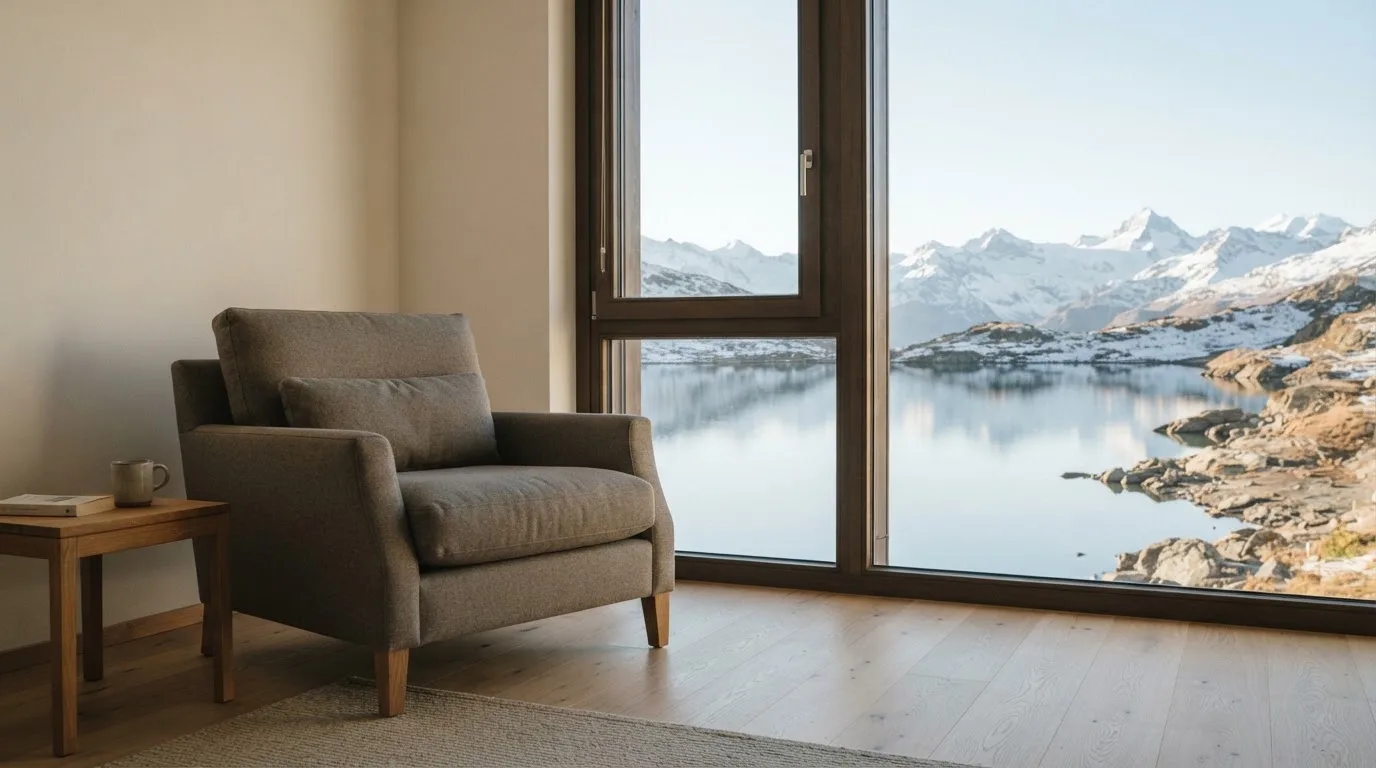 Ein leerer Sessel steht an einem Fenster mit Blick auf einen ruhigen See und schneebedeckte Berge im Morgenlicht.