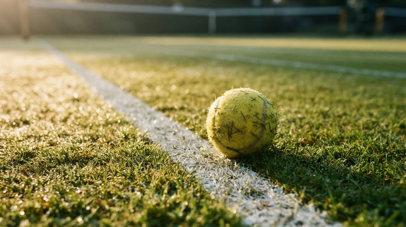 Ein gelber Tennisball liegt im Gras neben der weissen Grundlinie, Tau glitzert auf den Halmen im flachen Sonnenlicht.