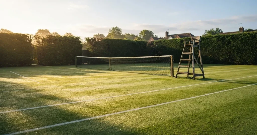 Ein Tennisplatz aus Rasen im ersten Morgenlicht mit frisch gezogenen Linien, einem Netz und einem leeren Schiedsrichterstuhl, dahinter hohe Hecken.