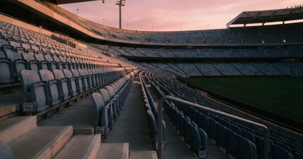 Eine Reihe leerer Sitzplätze in einem Stadion, die Sessel in gleichmässigem Abstand, über den Rängen ein Abendhimmel in Rosa.