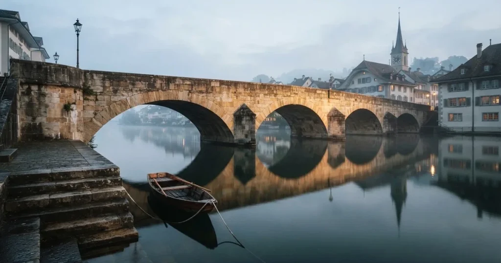Eine alte Steinbrücke führt über einen Fluss in einer Schweizer Stadt, das Wasser ist ruhig und das Licht kühl.