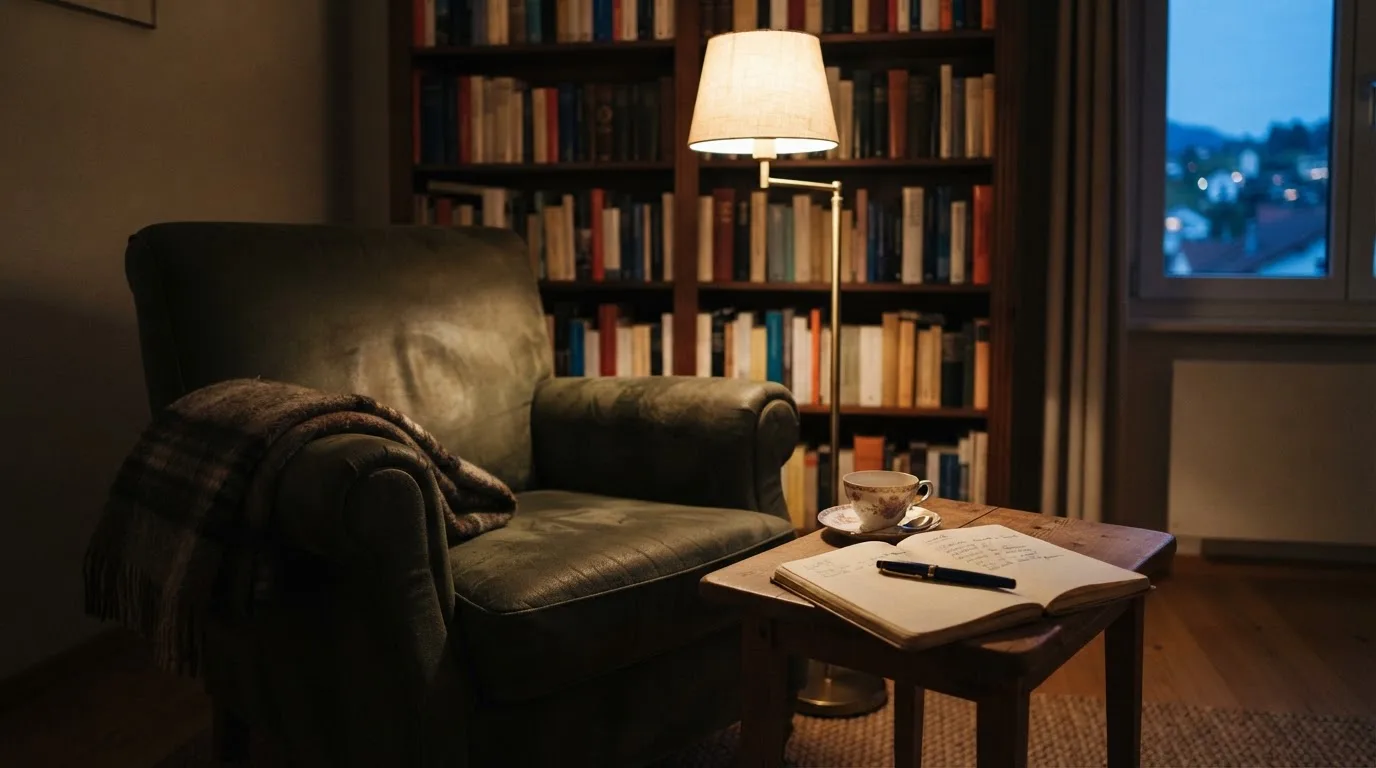 Ein Lesesessel mit Wolldecke steht neben einem Bücherregal und einer Stehlampe, auf dem Tisch eine Teetasse.