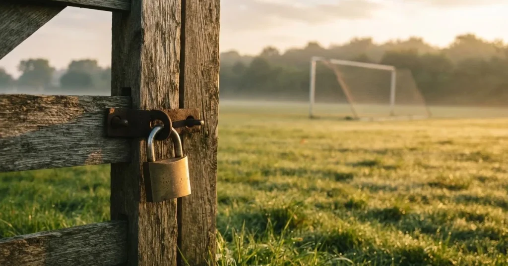 Ein Vorhängeschloss hängt an einem Holztor neben einem Fussballplatz im Morgenlicht, der Rasen ist taufeucht.