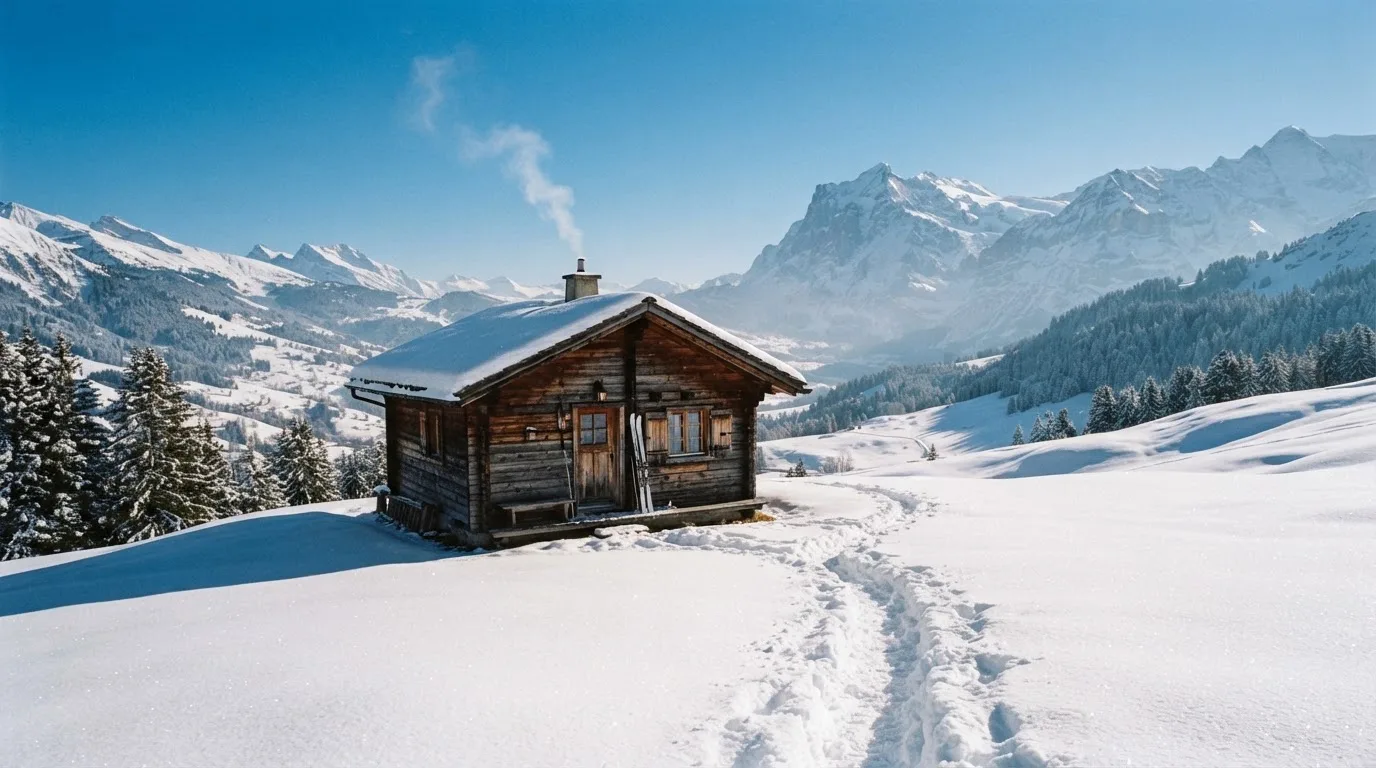 Eine Berghütte im Schnee mit rauchendem Kamin steht vor klarem Himmel, ein Pfad führt in die Stille.