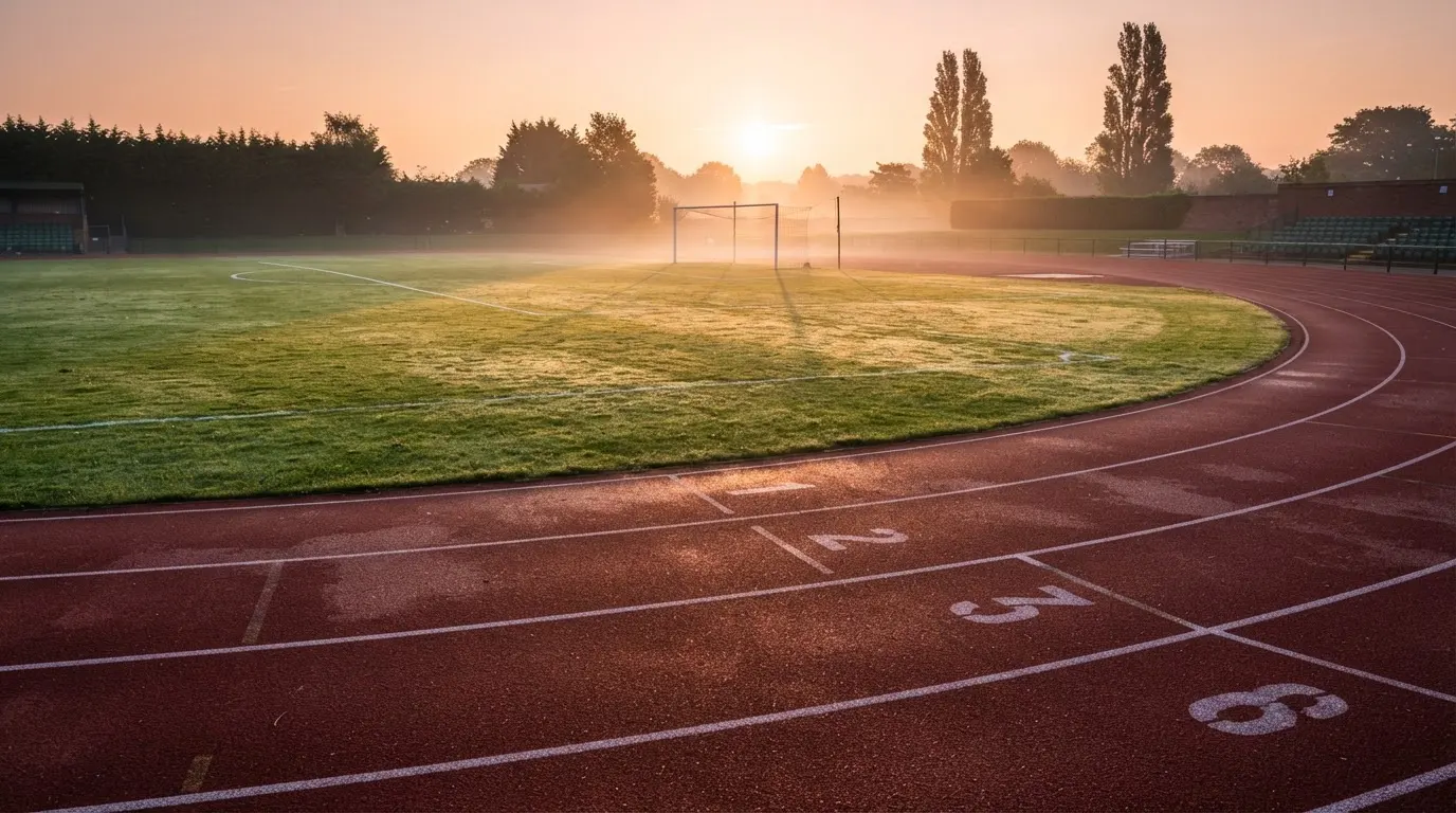 Eine rote Laufbahn umringt ein Fussballfeld beim Sonnenaufgang, auf dem Rasen liegt Tau.