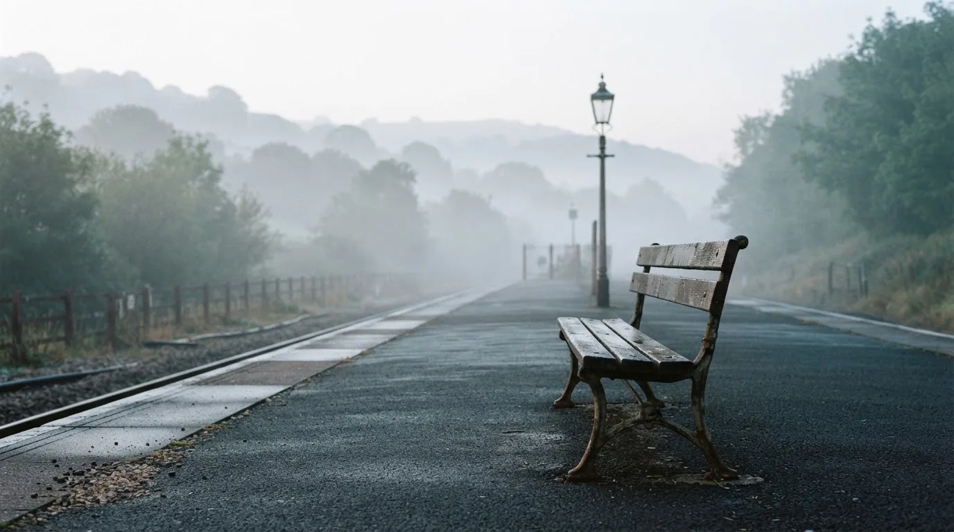Ein leerer Bahnsteig mit einer Holzbank im Morgennebel, dahinter sanfte Hügel.
