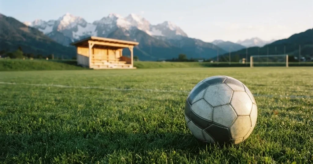 Ein Fussball liegt am frühen Morgen auf dem Rasen eines leeren Fussballfeldes, dahinter eine kleine Tribüne und schneebedeckte Berge.