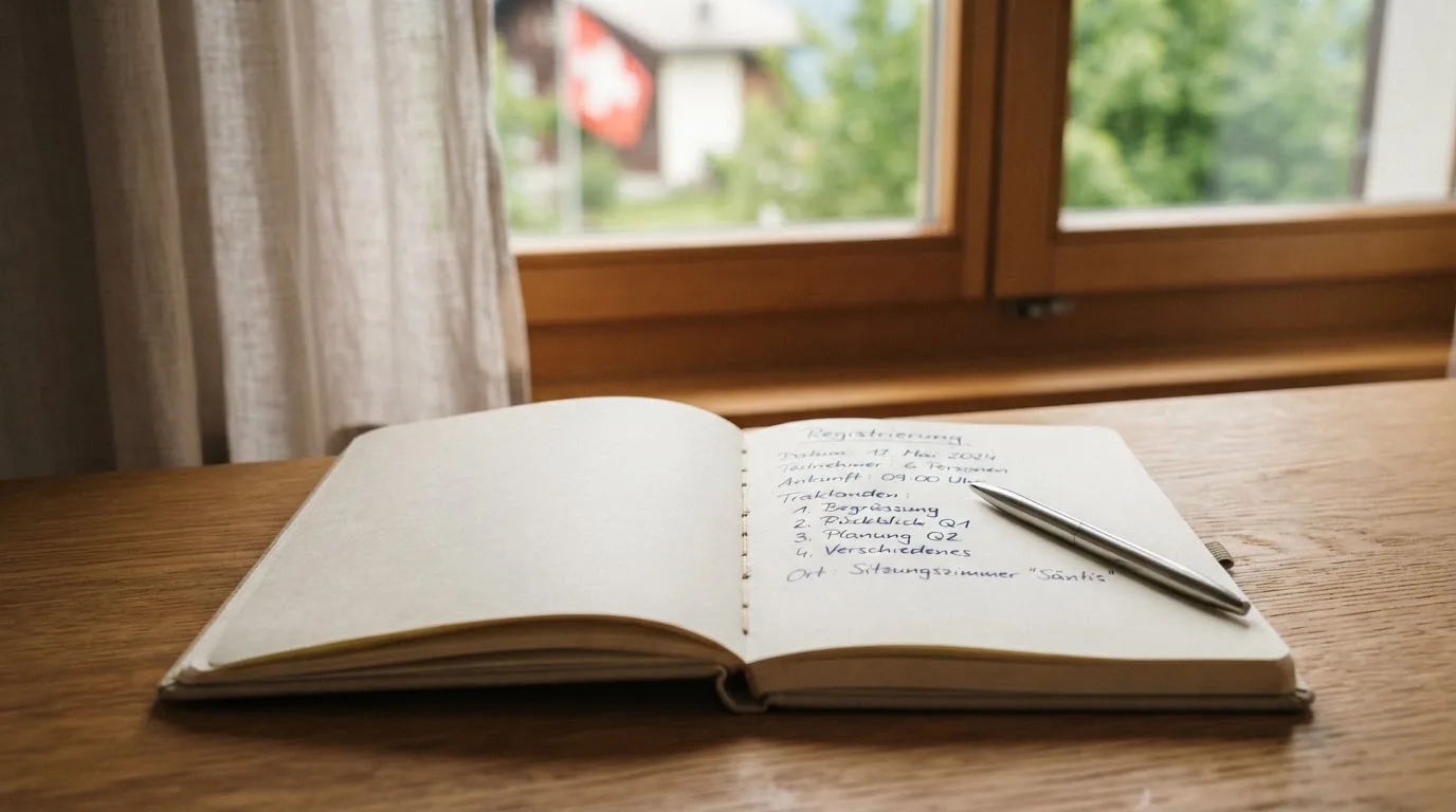 Ein aufgeschlagenes Notizbuch mit handschriftlichen Notizen und ein Kugelschreiber liegen auf einem Holztisch neben einem Fenster mit Tageslicht.