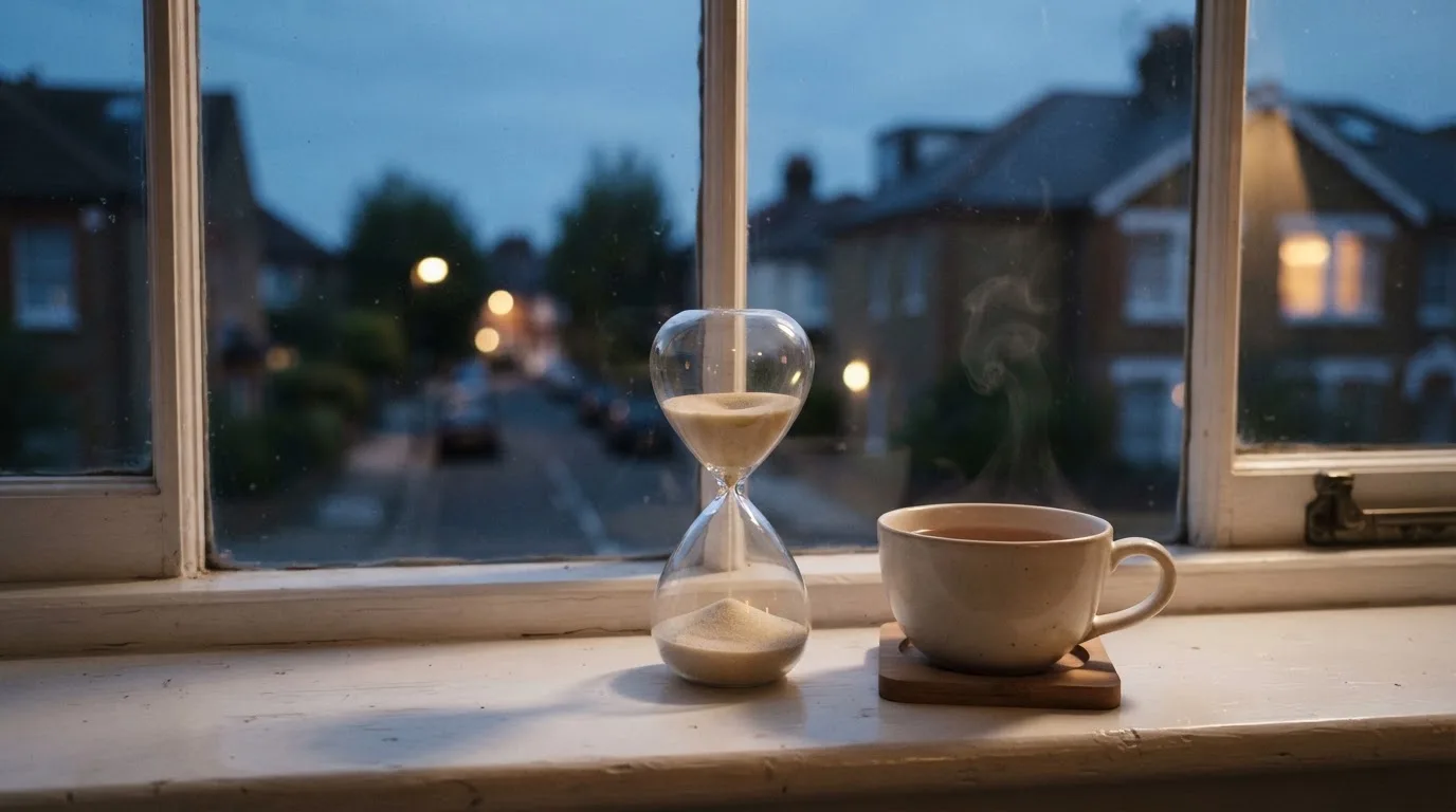 Eine Sanduhr steht auf einem Fensterbrett neben einer Tasse Tee, draussen dämmert es über einer ruhigen Strasse.