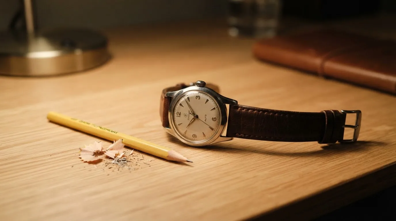 Eine Armbanduhr und ein gespitzter Bleistift liegen auf einem hellen Holztisch im Licht einer Schreibtischlampe.