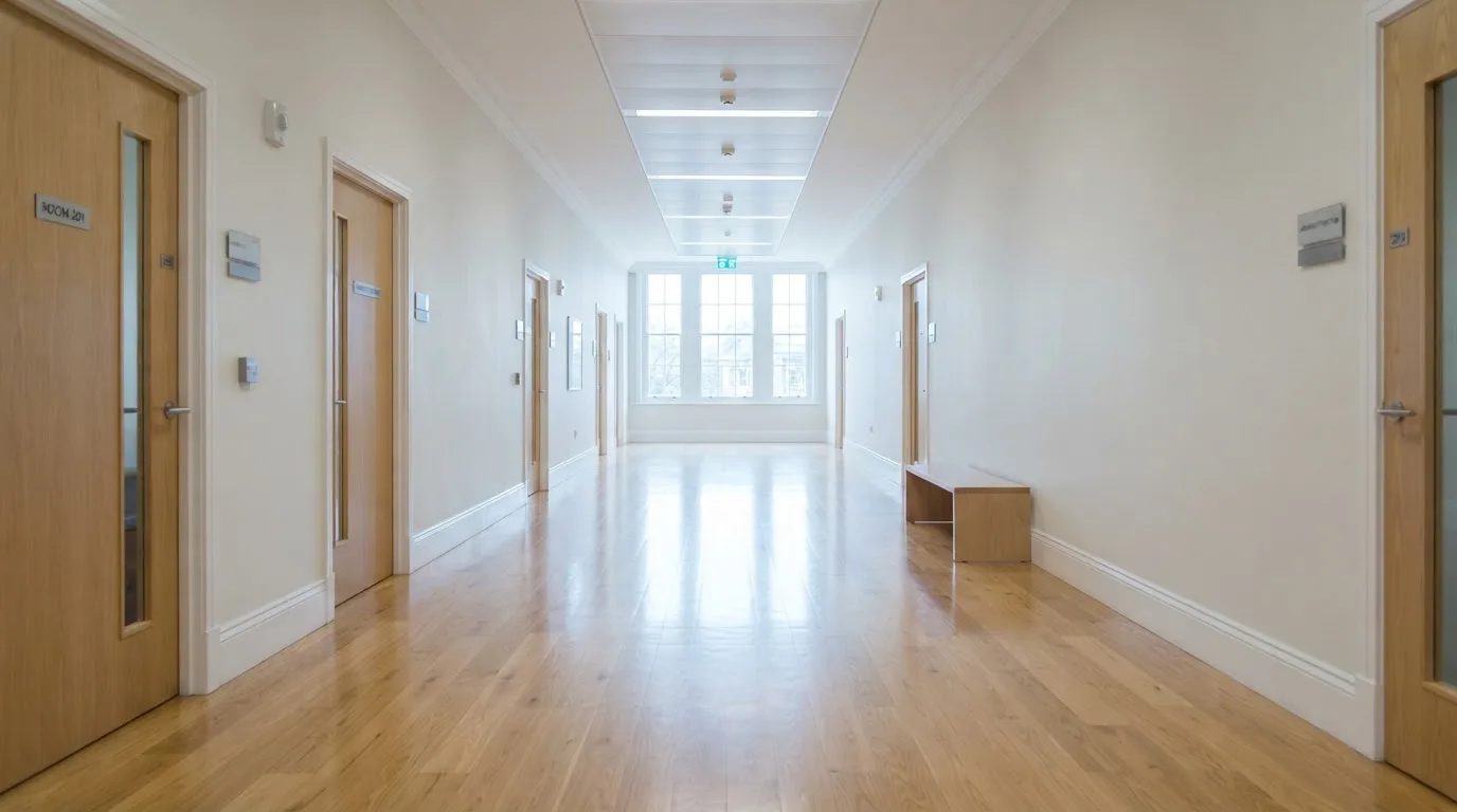 Ein langer, heller Flur in einem Verwaltungsgebäude mit Holzboden und hohen Fenstern am Ende, menschenleer.