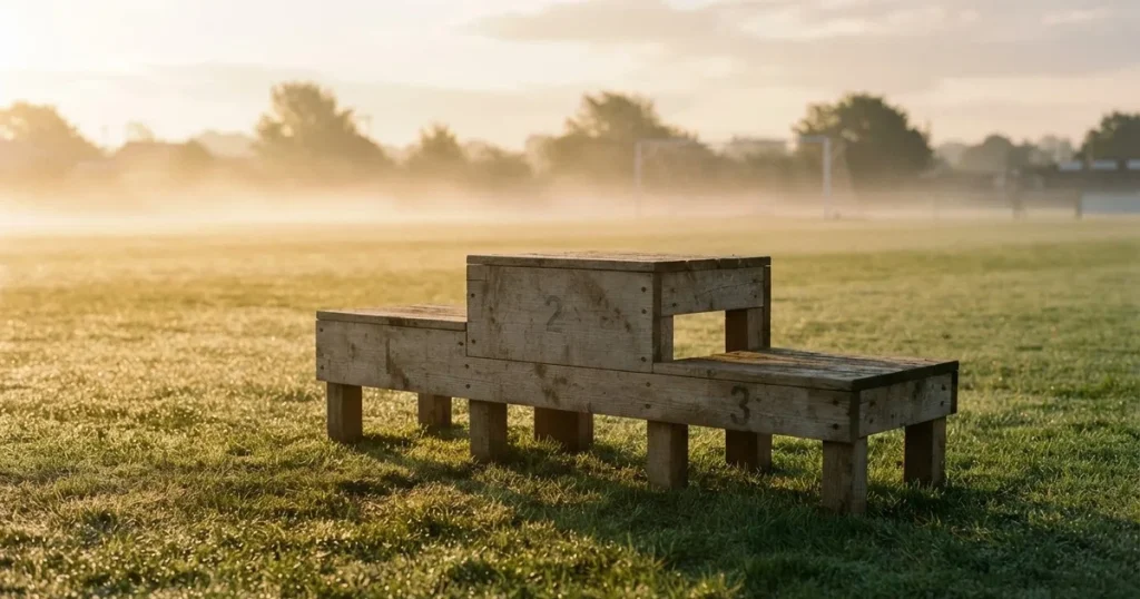 Drei hölzerne Podeststufen in unterschiedlicher Höhe stehen im Morgentau auf einem Rasenplatz, im Hintergrund ziehen Nebelschwaden.
