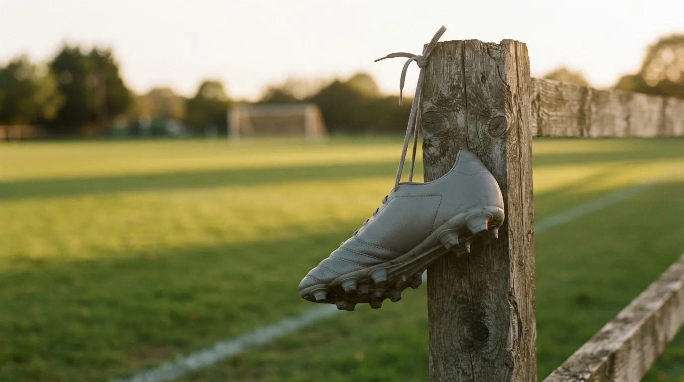 Ein Fussballschuh hängt an den Schnürsenkeln an einem Zaunpfosten neben einem Trainingsplatz im Abendlicht.