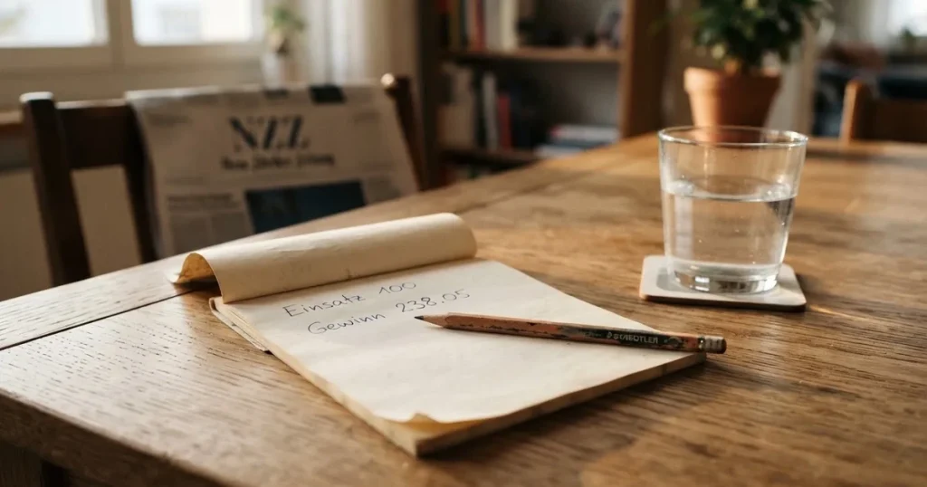Ein Taschenrechner und ein Bleistift liegen auf einem Holztisch, daneben steht ein halb gefülltes Glas Wasser.