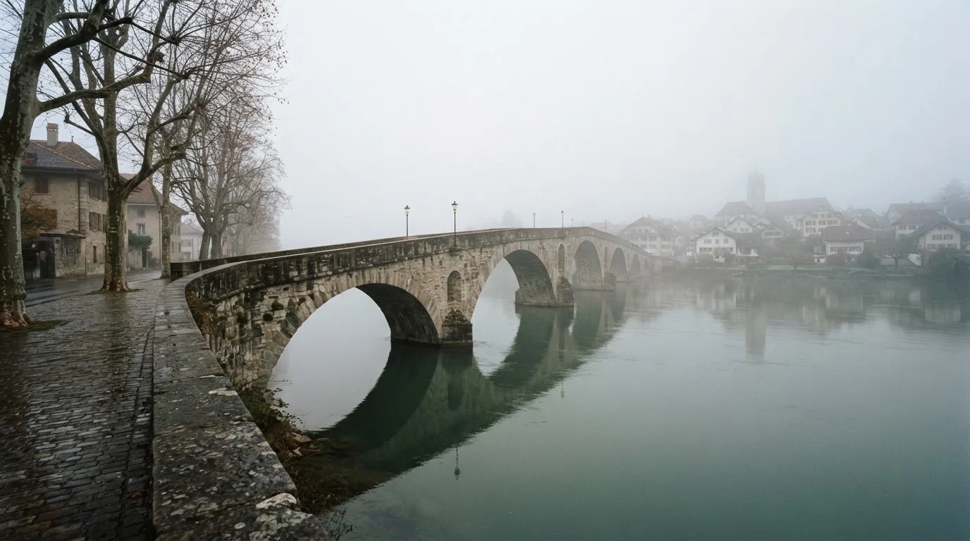 Eine Steinbrücke führt im Frühnebel über einen Fluss, auf dem Fussweg ist niemand zu sehen.