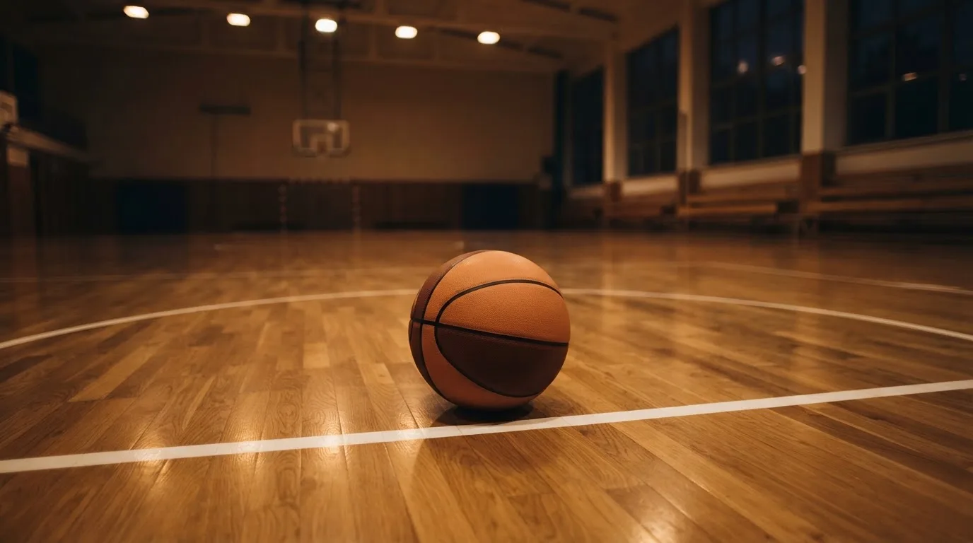 Ein Basketball liegt auf dem Parkett einer leeren Sporthalle im Licht der Deckenlampen.