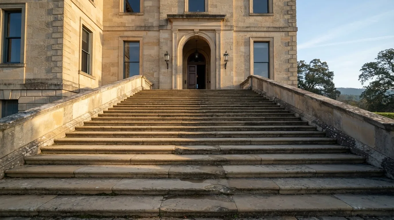 Eine breite Treppe aus Sandstein führt im Morgenlicht zu einem hohen Gebäude.
