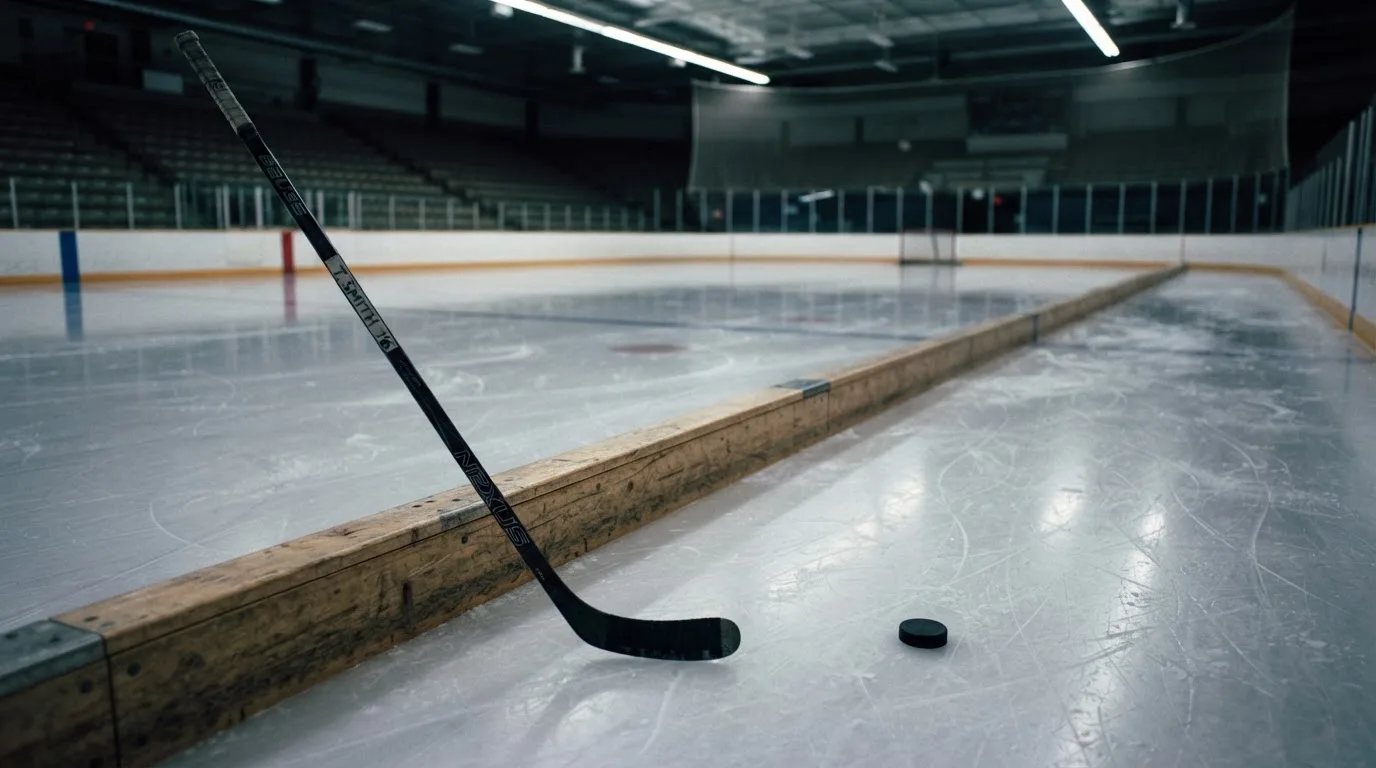 Ein Eishockeyschläger lehnt an der Bande einer leeren Halle, auf dem Eis spiegeln sich die Deckenlampen.