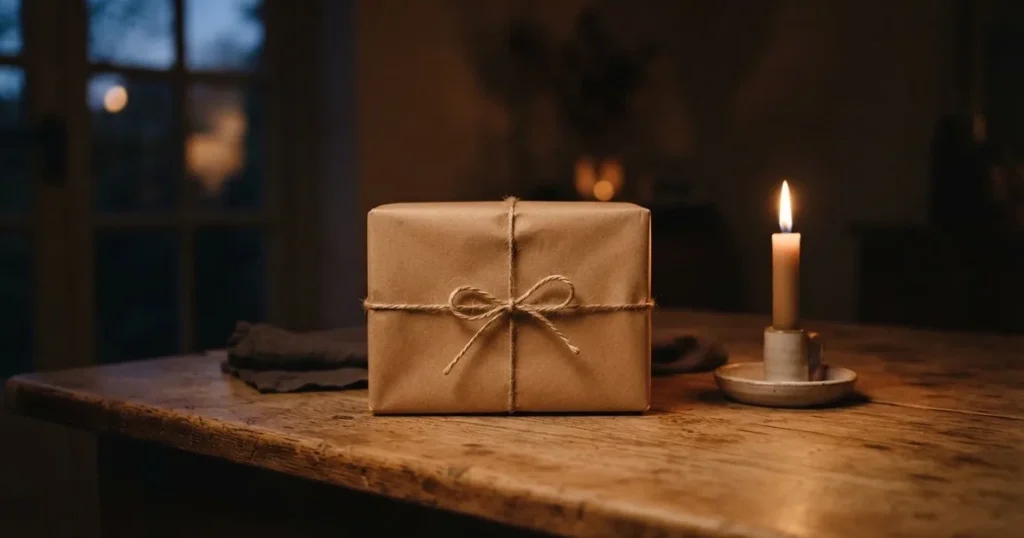 Ein einzelnes Geschenkpaket mit Schnur liegt auf einem Holztisch neben einer brennenden Kerze.