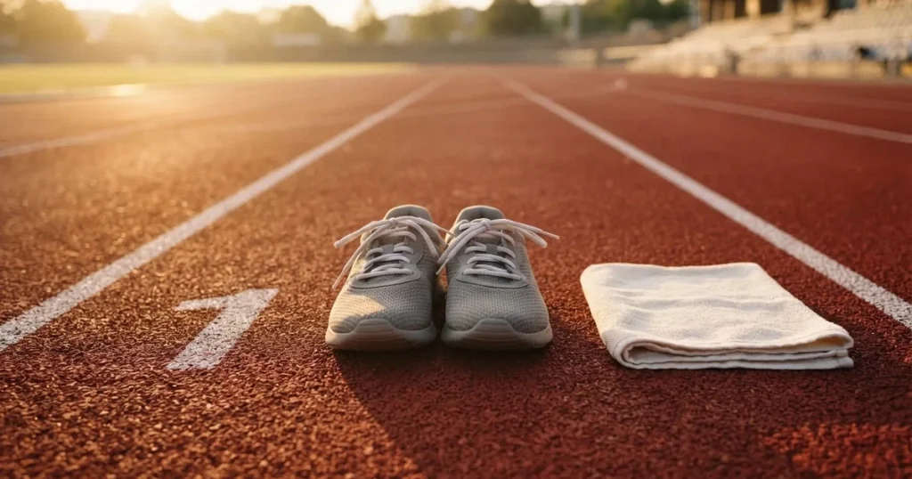 Ein Paar frisch geschnürter Laufschuhe steht auf einer roten Tartanbahn im Morgenlicht, daneben liegt ein Handtuch.