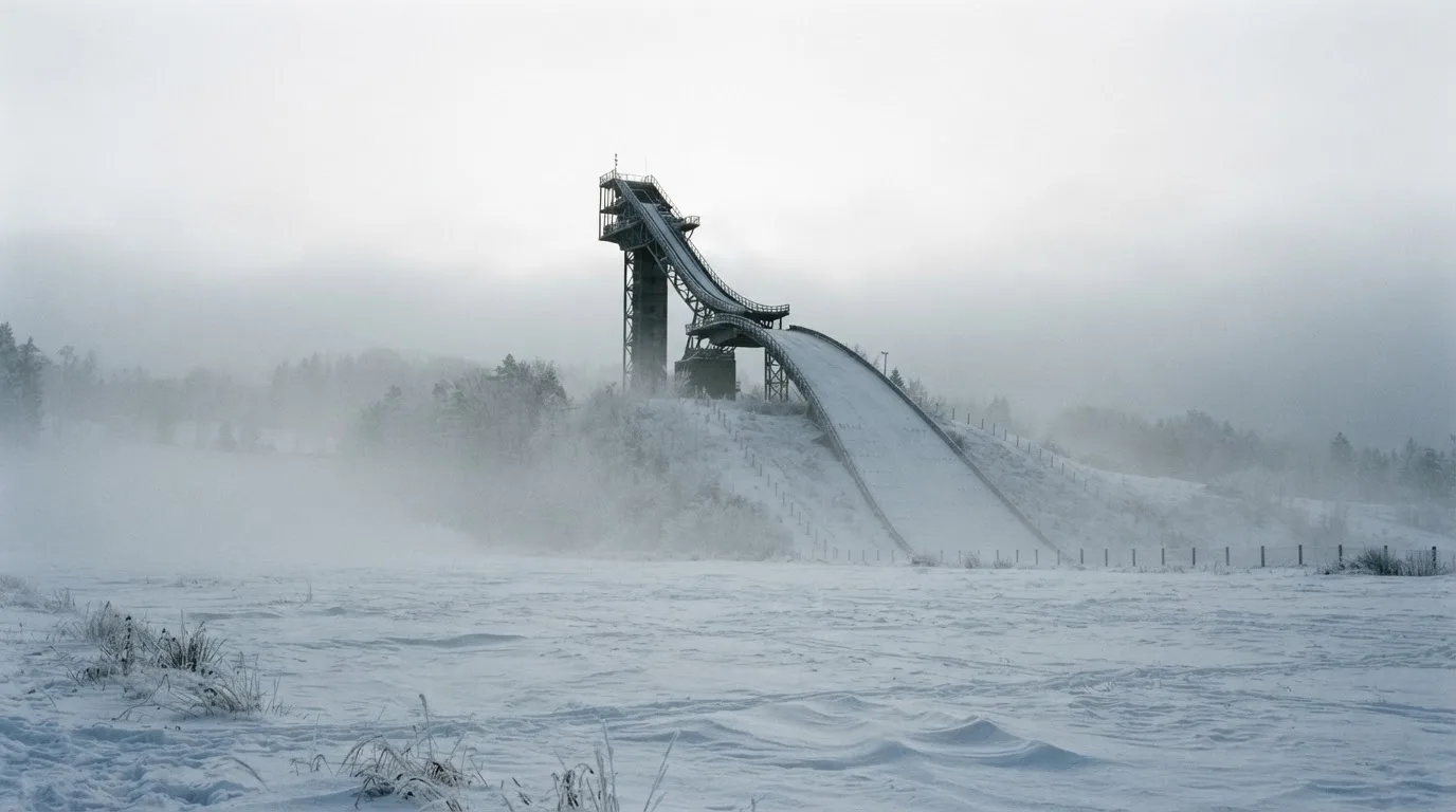 Eine Skisprungschanze ragt aus der Ferne gesehen in den Morgennebel, davor ein verschneites Feld.