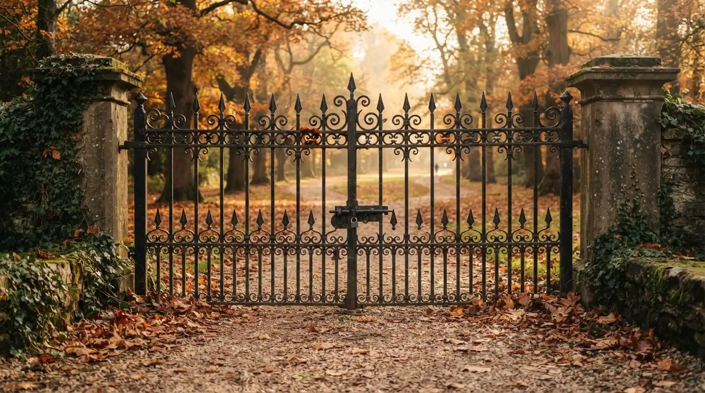 Ein geschlossenes Tor aus Schmiedeeisen steht vor einem Park im Herbstlicht, auf dem Kies liegt Laub.